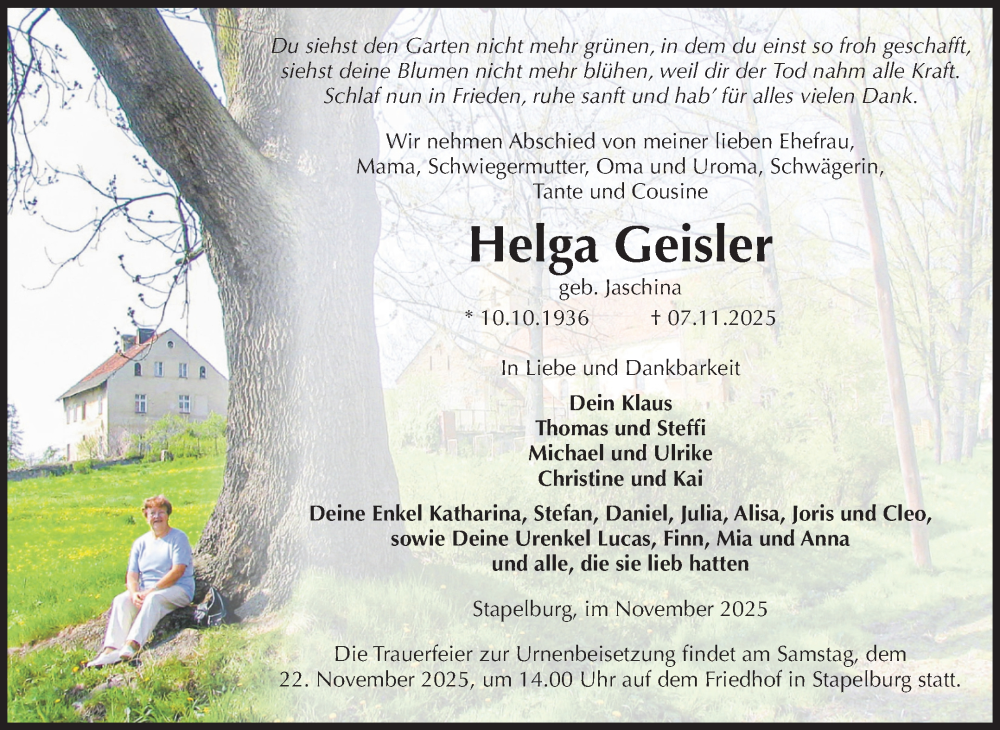 Traueranzeige für Helga Geisler vom 15.11.2025 aus Volksstimme Wernigerode
