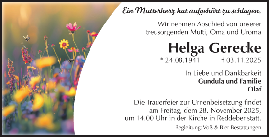Traueranzeige von Helga Gerecke von Volksstimme Wernigerode