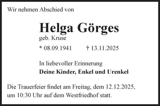 Traueranzeige von Helga Görges von Volksstimme Magdeburg