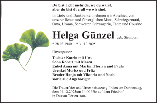 Traueranzeige von Helga Günzel von Trauerkombi Dessau