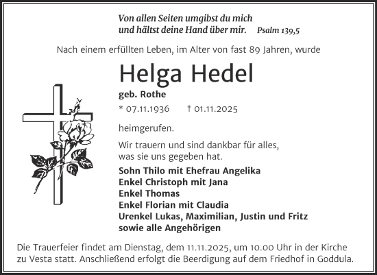 Traueranzeige von Helga Hedel von Trauerkombi Merseburg