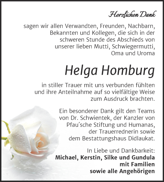 Traueranzeige von Helga Homburg von Trauerkombi Quedlinburg