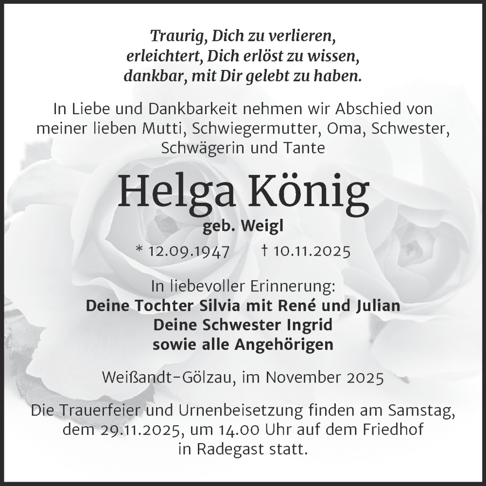  Traueranzeige für Helga König vom 22.11.2025 aus Trauerkombi Köthen