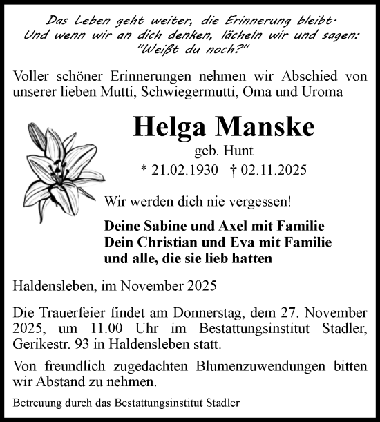 Traueranzeige von Helga Manske von Volksstimme Haldensleben/Wolmirstedt