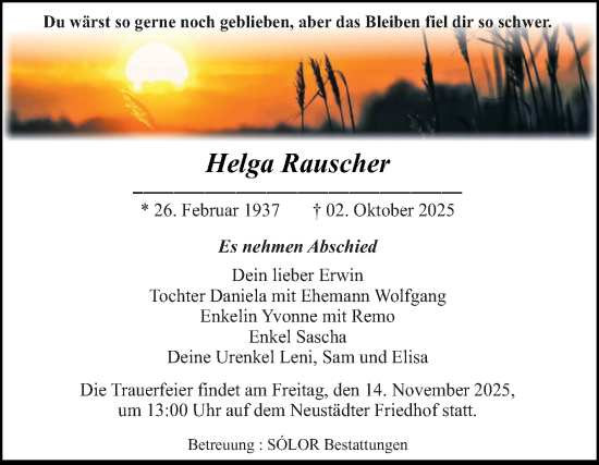 Traueranzeige von Helga Rauscher von Volksstimme Magdeburg