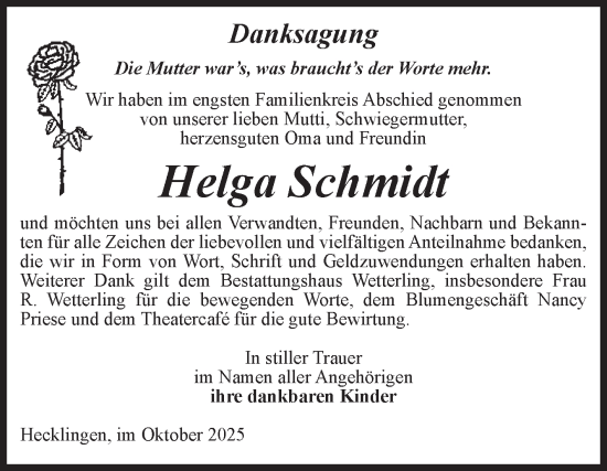 Traueranzeige von Helga Schmidt von Volksstimme Staßfurt