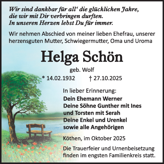 Traueranzeige von Helga Schön von Trauerkombi Köthen
