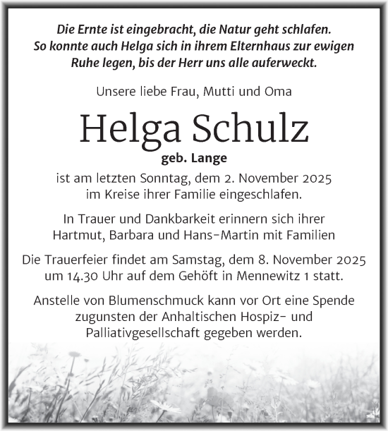 Traueranzeige von Helga Schulz von Mitteldeutsche Zeitung Köthen