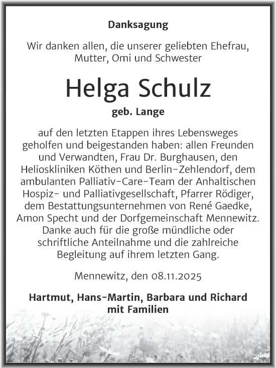 Traueranzeige von Helga Schulz von Trauerkombi Köthen