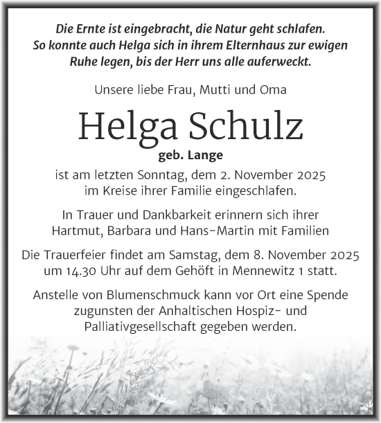 Traueranzeige von Helga Schulz von Mitteldeutsche Zeitung Halle/Saalkreis