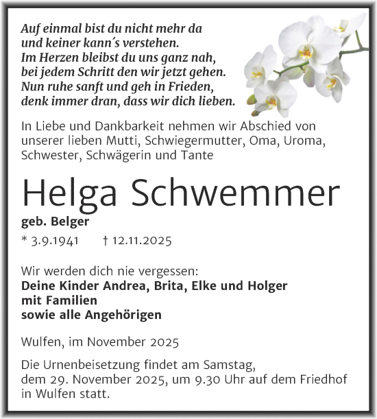Traueranzeige von Helga Schwemmer von Trauerkombi Köthen