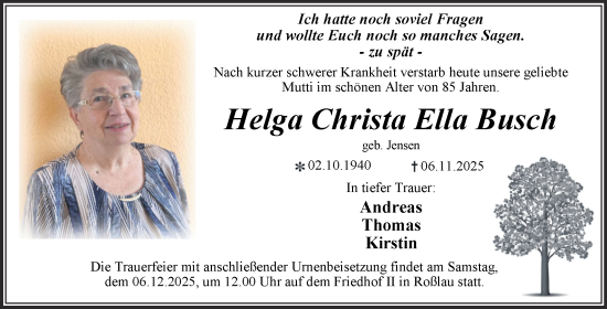 Traueranzeige von Helga Christa Ella Busch von Trauerkombi Dessau