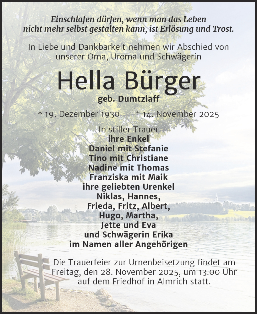  Traueranzeige für Hella Bürger vom 22.11.2025 aus Super Sonntag Naumburg/Nebra