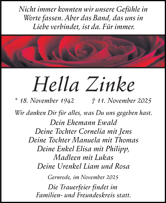 Traueranzeige von Hella Zinke von Trauerkombi Quedlinburg