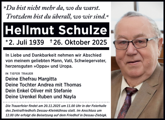 Traueranzeige von Hellmut Schulze von Trauerkombi Dessau