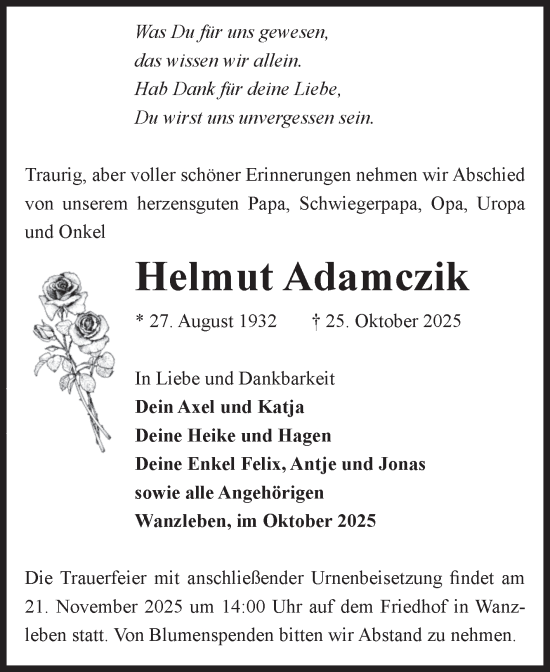 Traueranzeige von Helmut Adamczik von Volksstimme Oschersleben/Wanzleben