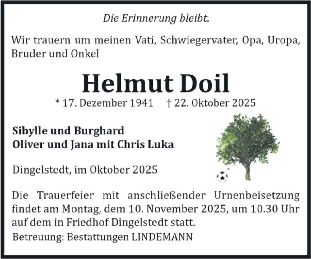  Traueranzeige für Helmut Doil vom 01.11.2025 aus Volksstimme Halberstadt