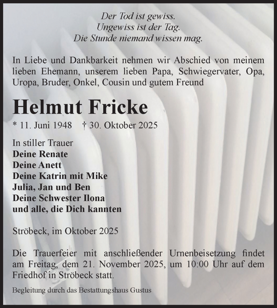  Traueranzeige für Helmut Fricke vom 08.11.2025 aus Volksstimme Halberstadt