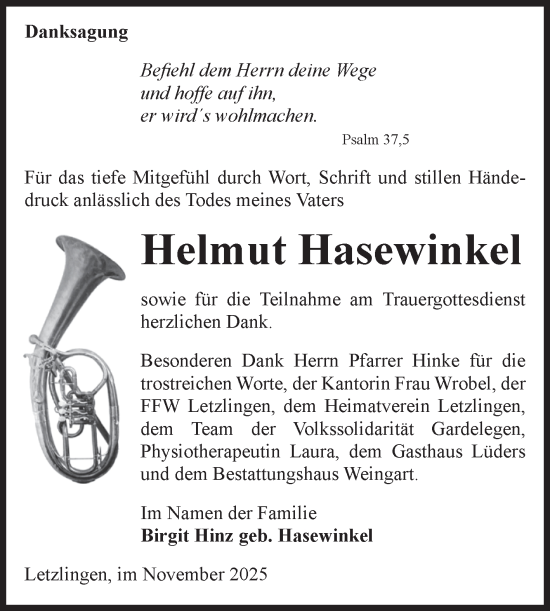 Traueranzeige von Helmut Hasewinkel von Volksstimme Altmark West