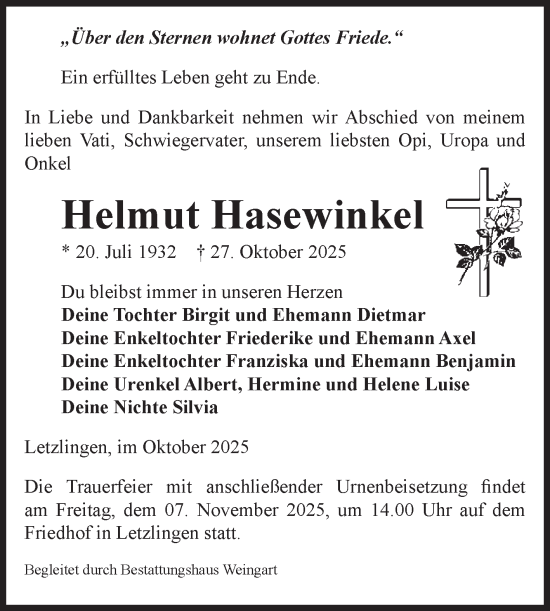 Traueranzeige von Helmut Hasewinkel von Volksstimme Altmark West