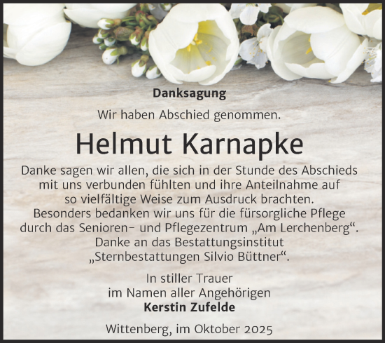 Traueranzeige von Helmut Karnapke von Trauerkombi Wittenberg