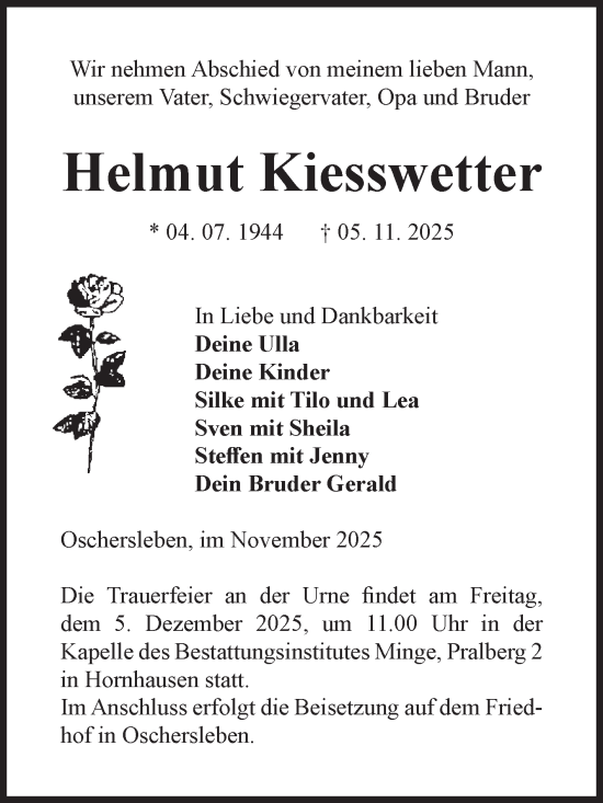 Traueranzeige von Helmut Kiesswetter von Volksstimme Oschersleben/Wanzleben