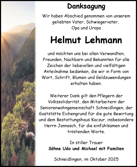 Traueranzeige von Helmut Lehmann von Volksstimme Staßfurt