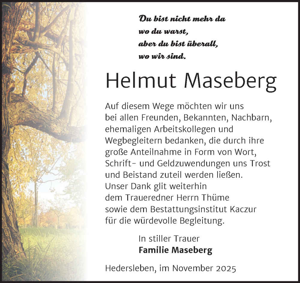  Traueranzeige für Helmut Maseberg vom 15.11.2025 aus Super Sonntag Quedlingburg