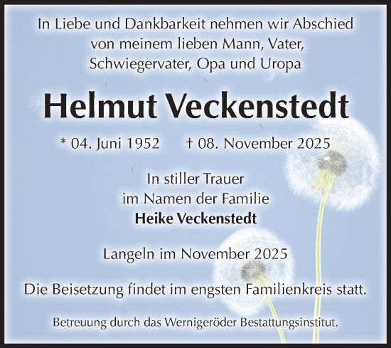 Traueranzeige von Helmut Veckenstedt von Volksstimme Wernigerode