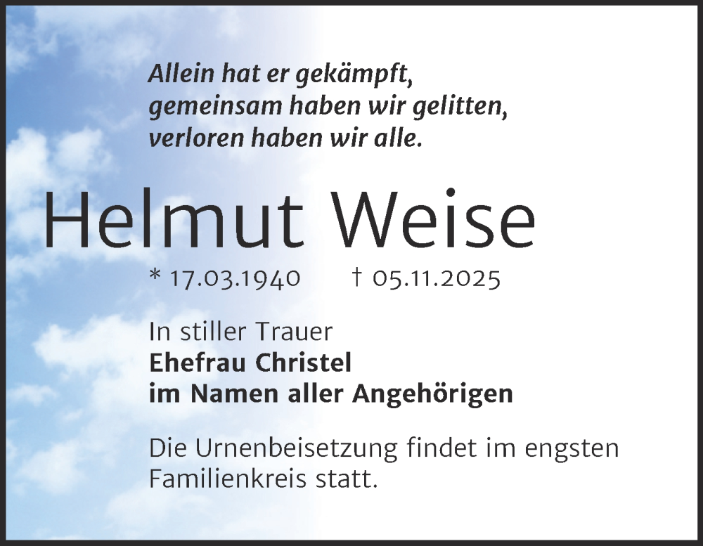  Traueranzeige für Helmut Weise vom 12.11.2025 aus Trauerkombi Sangerhausen