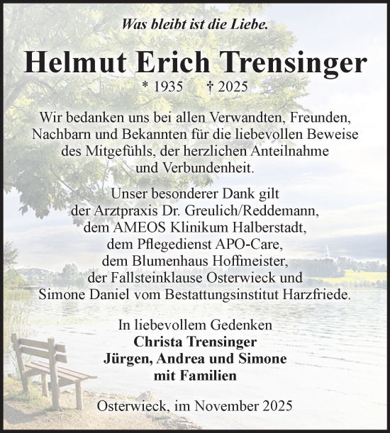 Traueranzeige von Helmut Erich Trensinger von Volksstimme Halberstadt