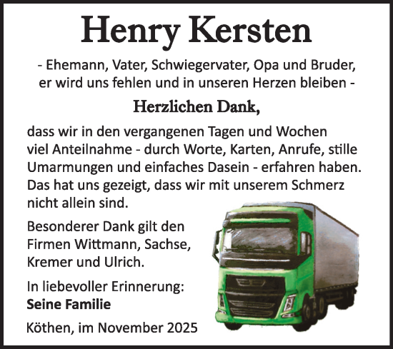 Traueranzeige von Henry Kersten von Trauerkombi Köthen