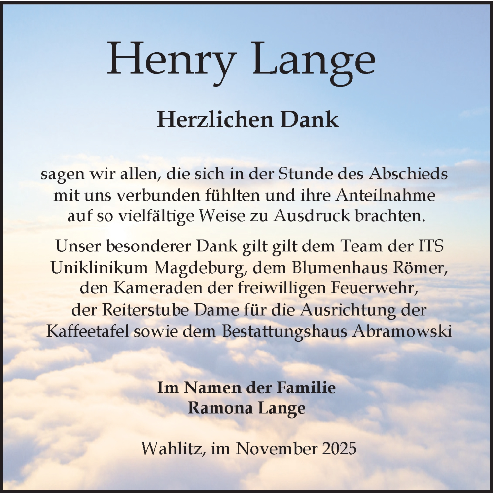  Traueranzeige für Henry Lange vom 22.11.2025 aus Volksstimme Burg/Genthin