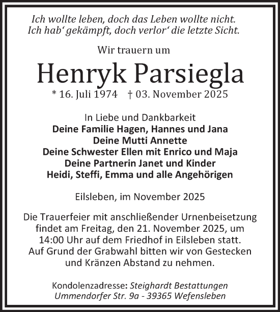 Traueranzeige von Henryk Parsiegla von Volksstimme Oschersleben/Wanzleben