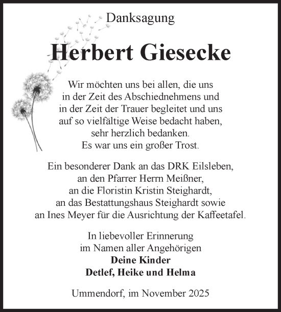 Traueranzeige von Herbert Giesecke von Volksstimme Oschersleben/Wanzleben