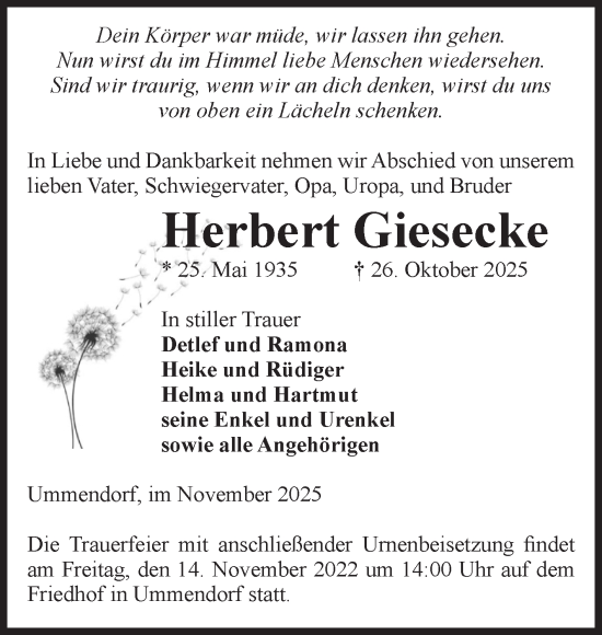 Traueranzeige von Herbert Giesecke von Volksstimme Oschersleben/Wanzleben