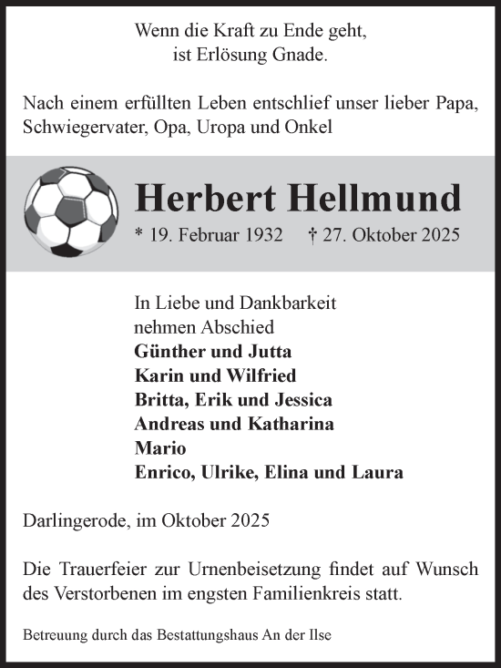 Traueranzeige von Herbert Hellmund von Volksstimme Wernigerode