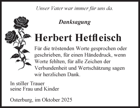 Traueranzeige von Herbert Hetfleisch von Volksstimme Altmark Ost