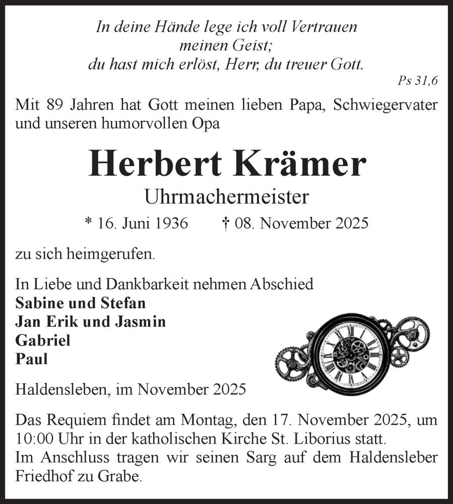  Traueranzeige für Herbert Krämer vom 12.11.2025 aus Volksstimme Haldensleben/Wolmirstedt