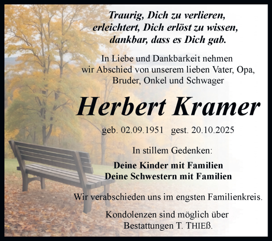 Traueranzeige von Herbert Kramer von Trauerkombi Quedlinburg