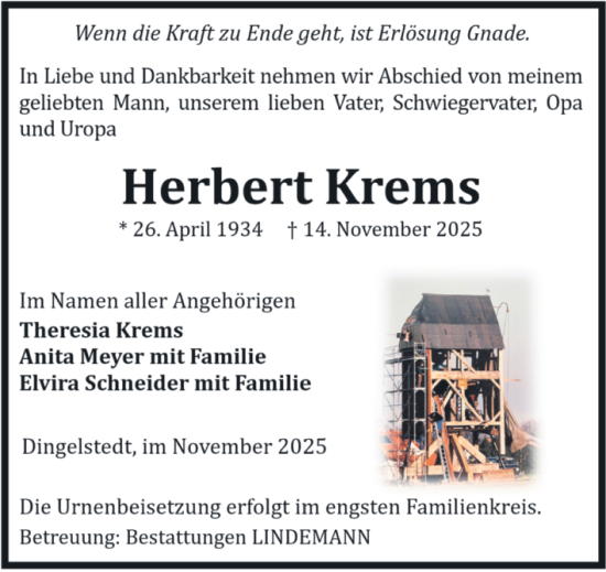 Traueranzeige von Herbert Krems von Volksstimme Halberstadt