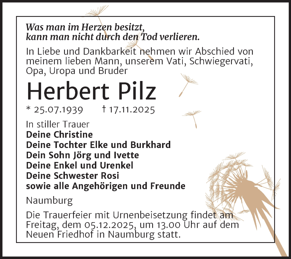  Traueranzeige für Herbert Pilz vom 22.11.2025 aus Super Sonntag Naumburg/Nebra