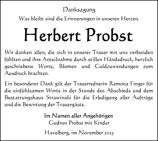 Traueranzeige von Herbert Probst von Volksstimme Altmark Ost