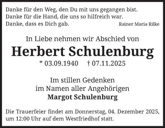 Traueranzeige von Herbert Schulenburg von Volksstimme Magdeburg