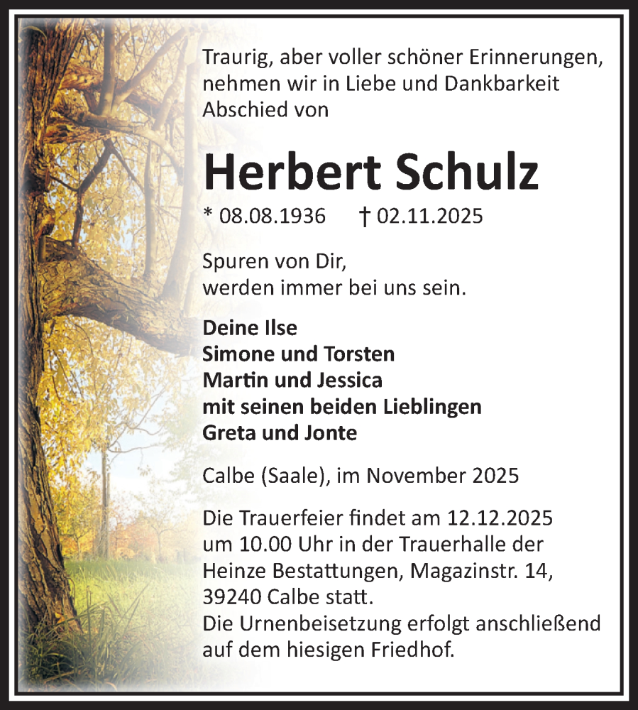  Traueranzeige für Herbert Schulz vom 15.11.2025 aus Volksstimme Schönebeck