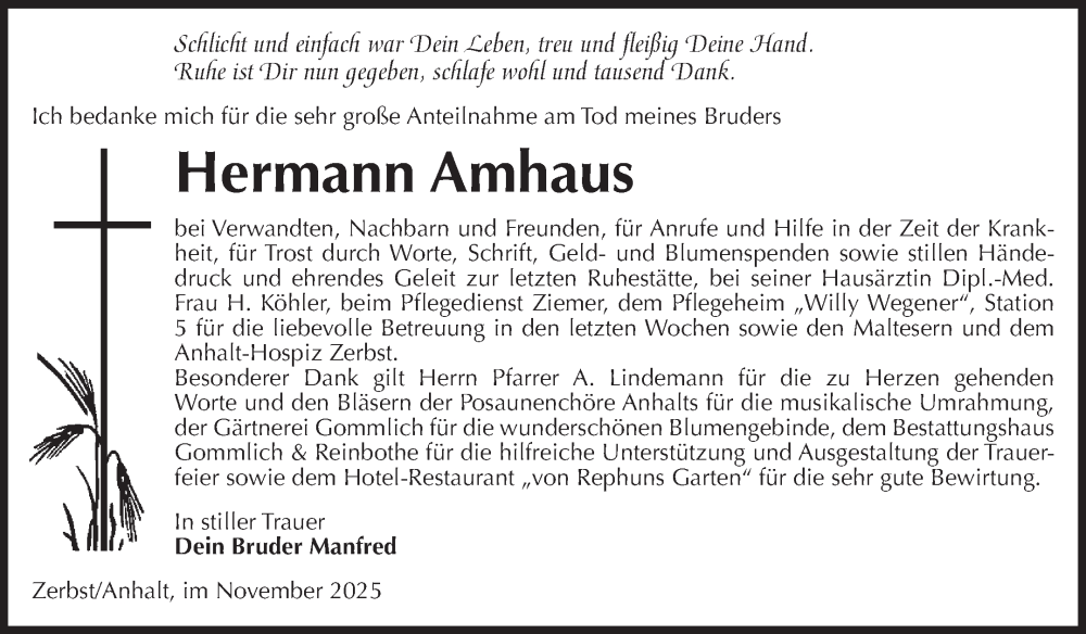  Traueranzeige für Hermann Amhaus vom 15.11.2025 aus Volksstimme Zerbst
