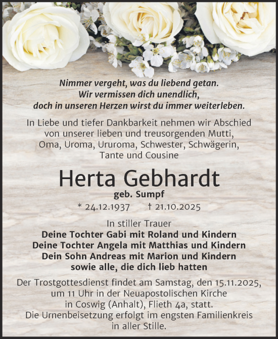 Traueranzeige von Herta Gebhardt von Trauerkombi Wittenberg