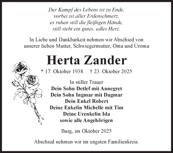 Traueranzeige von Herta Zander von Volksstimme Burg/Genthin