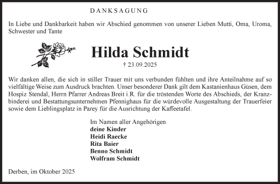 Traueranzeige von Hilda Schmidt von Volksstimme Burg/Genthin