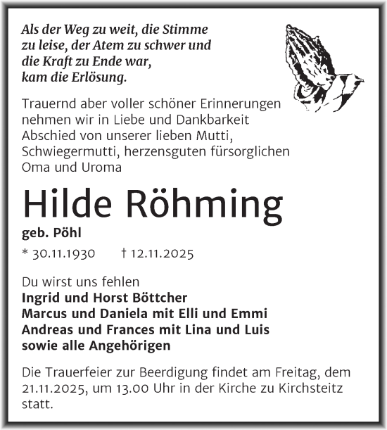 Traueranzeige von Hilde Röhming von Mitteldeutsche Zeitung Zeitz